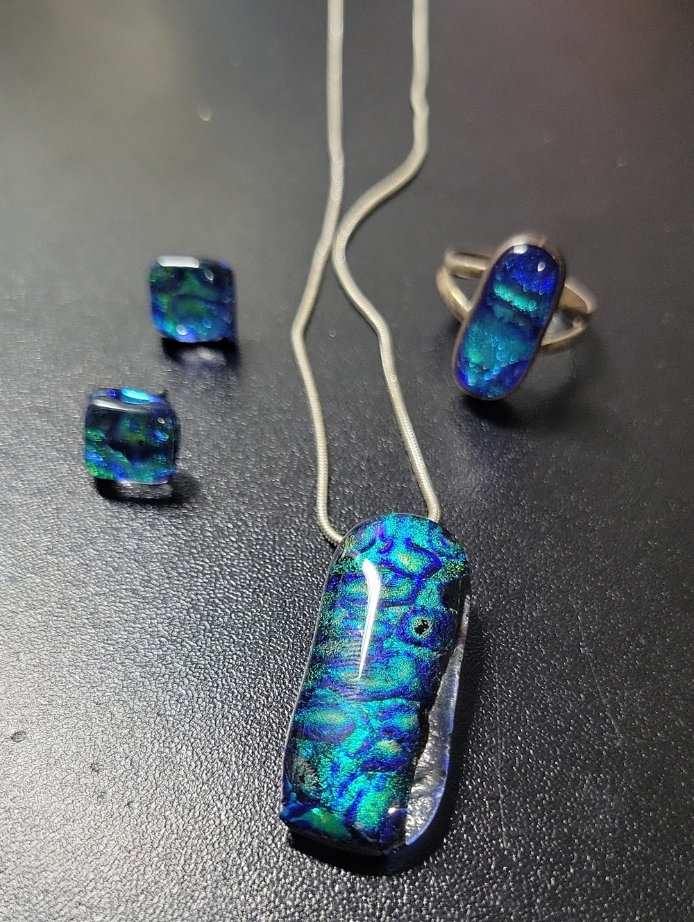 925 Blue-Green Dichroic Glass Necklace and Earring Set